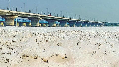 Toxic foam floats on the surface of the polluted Yamuna river in Kalindi Kunj on Friday.