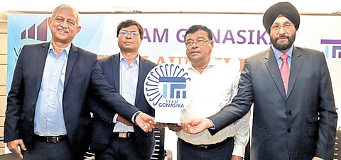 Owner of Team Gonasika Tarini Prasad Mohanty and president of Hockey India Dilip Tirkey launching team logo in Bhubaneswar
