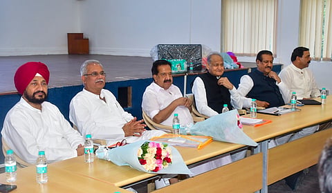 Congress leader Ramesh Chennithala, former Rajasthan chief minister Ashok Gehlot, former Chhattisgarh CM Bhupesh Baghel, former Punjab CM Charanjit Singh Channi, former Maharashtra CM Prithviraj Chavan and others during a meeting for the upcoming Maharashtra Assembly elections, in Mumbai, Saturday, Oct. 19, 2024.