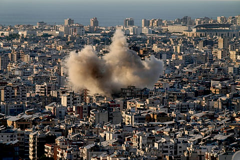 Smoke rise from Israeli airstrikes on Dahiyeh, in the southern suburb of Beirut, Lebanon, Saturday, Oct. 19, 2024.