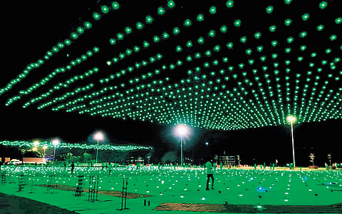 Ahead of the drone show on October 22, a rehearsal was conducted at Punnami Ghat in Vijayawada on Sunday night