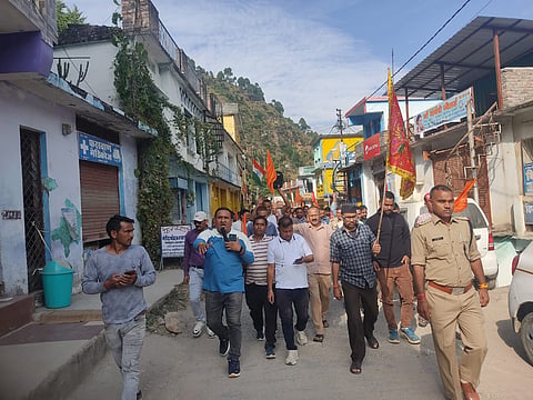 A rally conducted by the traders' association in Khansar town of Chamoli district