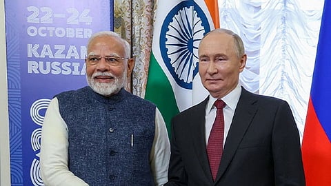 Prime Minister Narendra Modi with Russian President Vladimir Putin on the sidelines of the 2024 BRICS Summit in Kazan, Russia.
