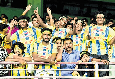 Kerala Blasters fans after the team lost against Bangalore FC in the ISL match at JNL Stadium in Kochi on Friday