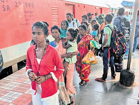 Labourers rescued from Raghavapur Brick kiln in Peddapalli mandal, return to their hometown, Balangir in Odisha, on Friday
