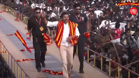 Actor and founder of TVK Vijay arrives at the public rally at Vikravandi