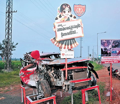 A traffic sign of a girl holding a placard reading, “Dad, it’s okay if you’re 10 mins late, just come home safe”