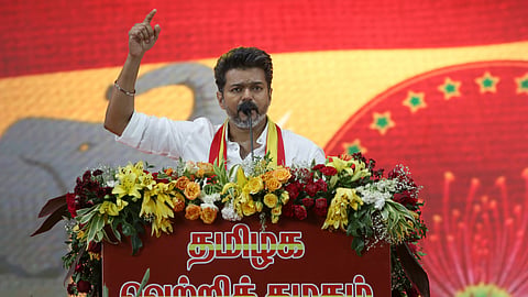 Actor and founder of Tamilaga Vetri Kazhagam Vijay addresses during his pary's first political conference, at Vikravandi in Villupuram district, Sunday, Oct. 27, 2024.