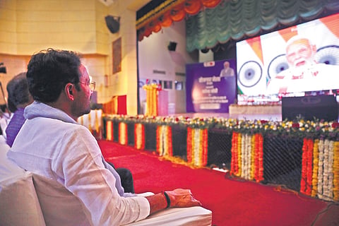 Union Coal & Mines Minister G Kishan Reddy listens to PM Narednra Modi’s virtual address during the Rozgar Mela in Hyderabad