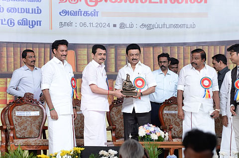 CM Stalin with Ministers Anbil Mahesh Poyyamozhi, V Senthil Balaji and KN Nehru