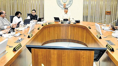 Chief Minister N Chandrababu Naidu chairs the Cabinet meeting at the State Secretariat in Velagapudi on Wednesday