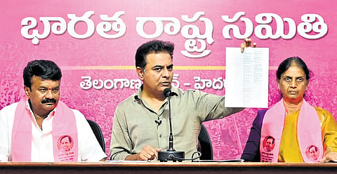 BRS working president KT Rama Rao speaks during a press meet at the party office in Hyderabad