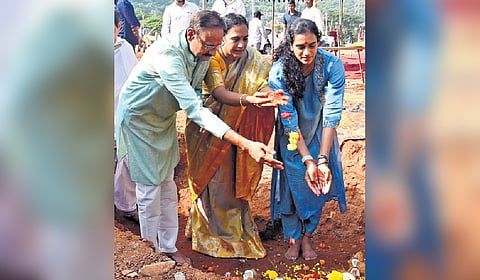 PV Sindhu performed Bhumi Puja for the construction of a badminton academy in Vizag on Thursday