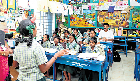 School Education Minister Anbil Mahesh Poyyamozhi at a school in Arakkonam on Saturday