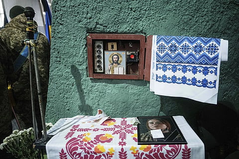 A photo of Valentyna Nagorna known as "Valkiria", a Ukrainian military medic of 3rd assault brigade who was killed together with her boyfriend Danylo Liashkevych known as "Berserk" during a funeral ceremony at a crematorium in Kyiv, Ukraine, Friday, Nov 8, 2024.
