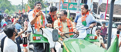 The tractor rally organised by BJP’s Karshaka Morcha in Palakkad on Monday. NDA candidate C Krishnakumar, actor Krishna Prasad and Sobha Surendran are also seen