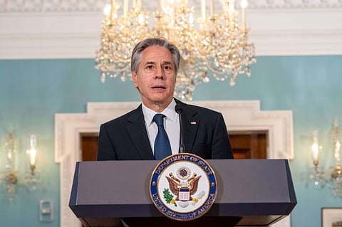 Secretary of State Antony Blinken speak during an event with Secretary of Commerce Gina Raimondo on the Economic Benefits of U.S. Travel and Tourism on Tuesday.