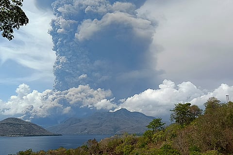 Mount Lewotobi Laki Laki spews volcanic material during an eruption in East Flores, Indonesia, Saturday Nov, 9, 2024.
