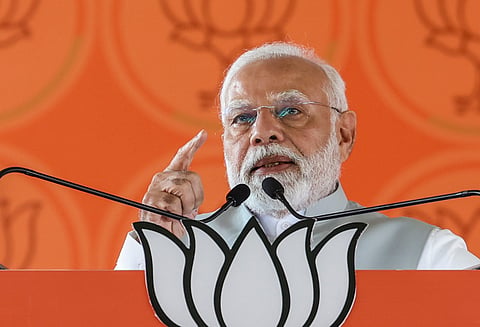 Prime Minister Narendra Modi addresses a public meeting ahead of the Maharashtra Assembly elections, in Chhatrapati Sambhajinagar, Maharashtra, Thursday, Nov. 14, 2024.