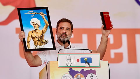 LoP in Lok Sabha and Congress MP Rahul Gandhi addresses a public meeting ahead of the Maharashtra Assembly elections, in Nandurbar district, Maharashtra.