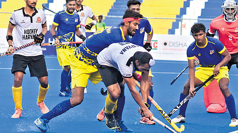 Action from the semifinal match between Haryana and UP on Friday