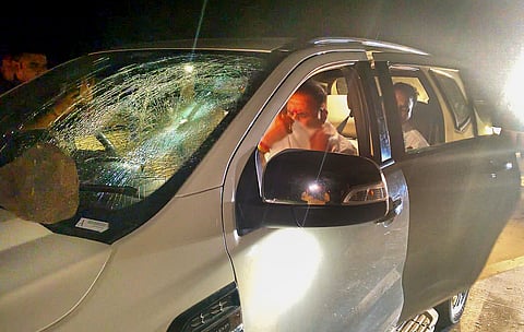 Damaged windshield of the car of former Maharashtra minister and NCP (SP) leader Anil Deshmukh after stones were hurled at the car, in Nagpur district, Monday, Nov. 18, 2024.