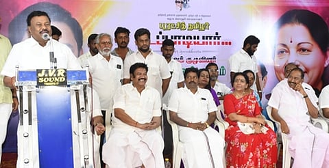 AIADMK treasurer Dindigul C Srineevasan addressing party consulting meeting in Tiruchy.