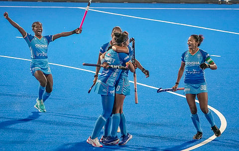 India team celebrates after their win against Japan.
