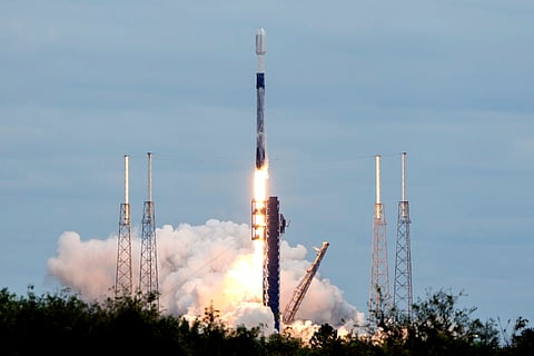 A SpaceX Falcon 9 rocket with a satellite payload on behalf of the Indian Space Research Organization lifts off from launch complex 40 at theCape Canaveral Space Force Station in Cape Canaveral, Fla., Monday, Nov. 18, 2024.