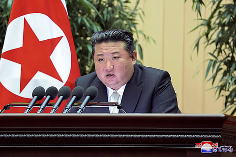 In this photo provided by the North Korean government, North Korean leader Kim Jong Un delivers a speech during a meeting in Pyongyang, North Korea, on Nov. 15, 2024.