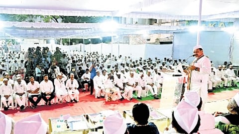 TPCC chief B Mahesh Kumar Goud addresses the gathering during the Sevadal’s centenary celebrations at the Gandhi Bhavan in Hyderabad on Wednesday