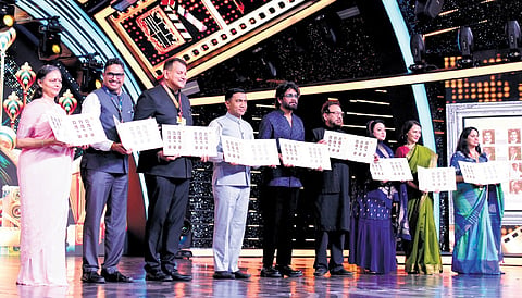 The unveiling of commemorative stamps honouring four film personalities for their contributions to Indian cinema, at the 55th IFFI in Goa on Wednesday.