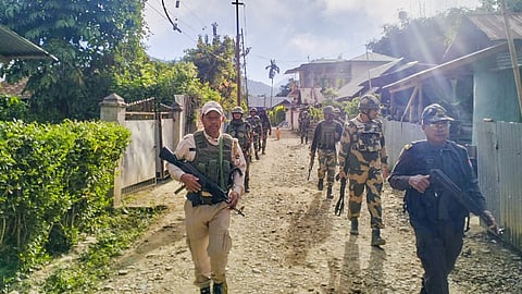 Security personnel conduct patrolling in a sensitive area of Manipur. Search operations and area domination were conducted by security forces in the fringe and vulnerable areas of hill and valley districts of the state.