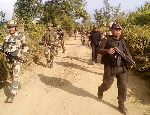 Image of security personnel during a search operation in the hill and valley districts of Manipur.