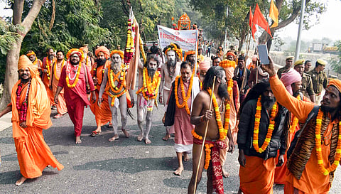 Sadhus take part in the Nager Pravesh Procession of Panch Dasnam Avahan Akhara ahead of Maha Kumbh Mela 2025, in Prayagraj on Wednesday.