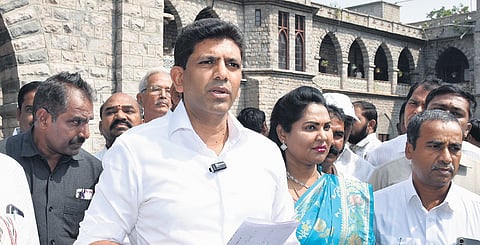 Union Minister Pemmasani Chandra Sekhar addressing the media on Friday