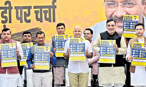 AAP chief Arvind Kejriwal with Manish Sisodia, Sanjay Singh, Gopal Rai and others during the launch of their campaign on Friday