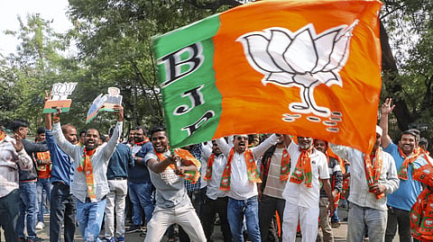 Mahayuti leaders and party cadre celebrate the alliance's success in the Maharashtra Assembly elections on Saturday, Nov. 23, 2024.