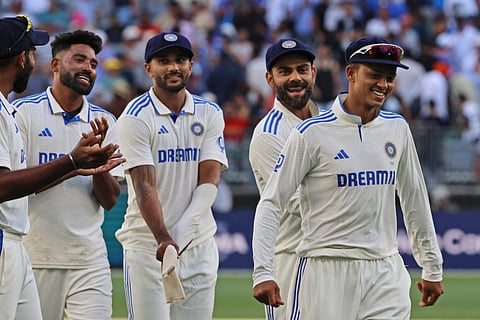 India's players, R to L, Yashasvi Jaiswal, Virat Kohli, Nitish Kumar Reddy, Mohammed Siraj and captain Jasprit Bumrah leave the field at the end of play on the third day of the first cricket test between Australia and India in Perth, Australia, Sunday, Nov. 24, 2024.