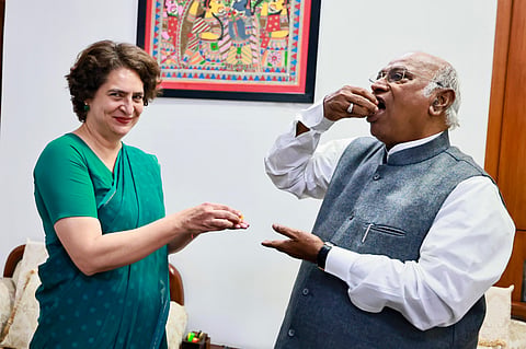 Congress General Secretary and Wayanad MP Priyanka Gandhi meets Congress President Mallikarjun Kharge at his residence in New Delhi on Saturday.