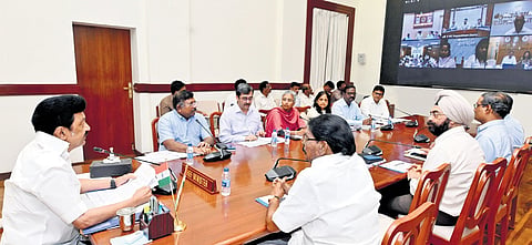 CM Stalin chairing a review meeting at the secretariat