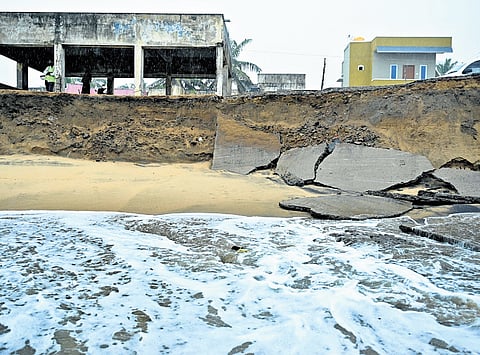 The sea has taken with it a portion of the beach at Nemmeli Kuppam near Mahabalipuram on the outskirts of Chennai