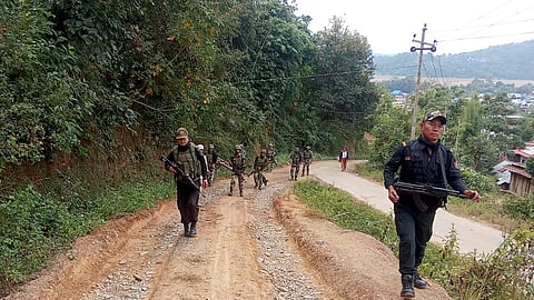 Police and security personnel during a search operation in the fringe and vulnerable areas of hill and valley districts of Manipur, Nov. 28, 2024.