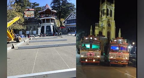 The crane and loaded trucks at The Ridge