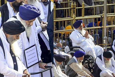 Sukhbir Singh Badal and other leaders of the previous SAD government during the hearing of 'tankhaiya' (guilty of religious misconduct) case by the Akal Takht, in Amritsar, Monday, Dec. 2, 2024.