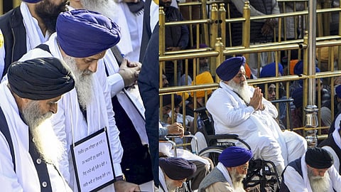 Sukhbir Singh Badal and other leaders of the previous SAD government during the hearing of the 'tankhaiya' (guilty of religious misconduct) case by the Akal Takht, in Amritsar, Monday, Dec. 2, 2024.
