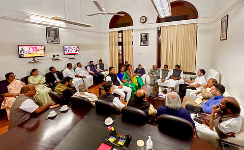 Leader of Opposition in the Lok Sabha Rahul Gandhi in a meeting with floor leaders of INDIA bloc parties at Parliament House, during the ongoing Winter session, in New Delhi, Monday, Dec. 2, 2024.
