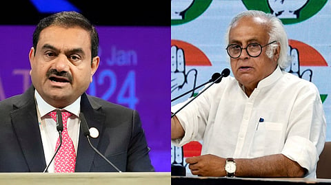 (L-R) Adani Group chairman Gautam Adani and Congress general secretary in charge of communications Jairam Ramesh.