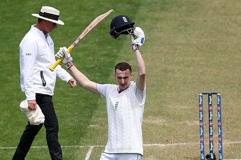 England's Harry Brook celebrates 100 runs on day one of the second Test cricket match between New Zealand and England at the Basin Reserve in Wellington on December 6, 2024.