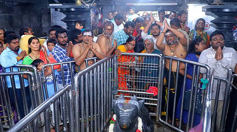 Devotees at Sri Rajarajeshwara Swamy temple in Vemulawada Temple.